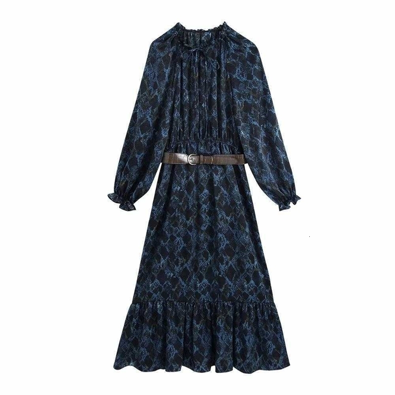 Women Dress With Belted Printed Long Sleeves Ruffled V-neck Midi Dress Vintage Elegant Chic Long Woman Dress 210709