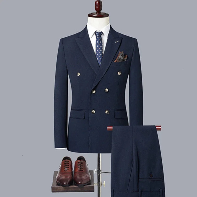 Fashion Mens Casual Boutique Double Breasted Solid Color Business Suit Jacket Trousers Pants 2 Pcs Set Blazers Coat 240412