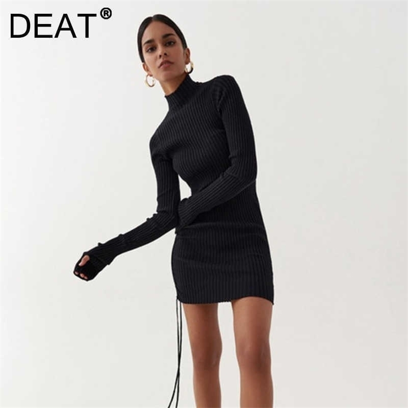 DEAT Spring Autumn Long Sleeve Bandage Temperament Fashion Sexy Mini Dress Women High Neck Knitted ML771 210709