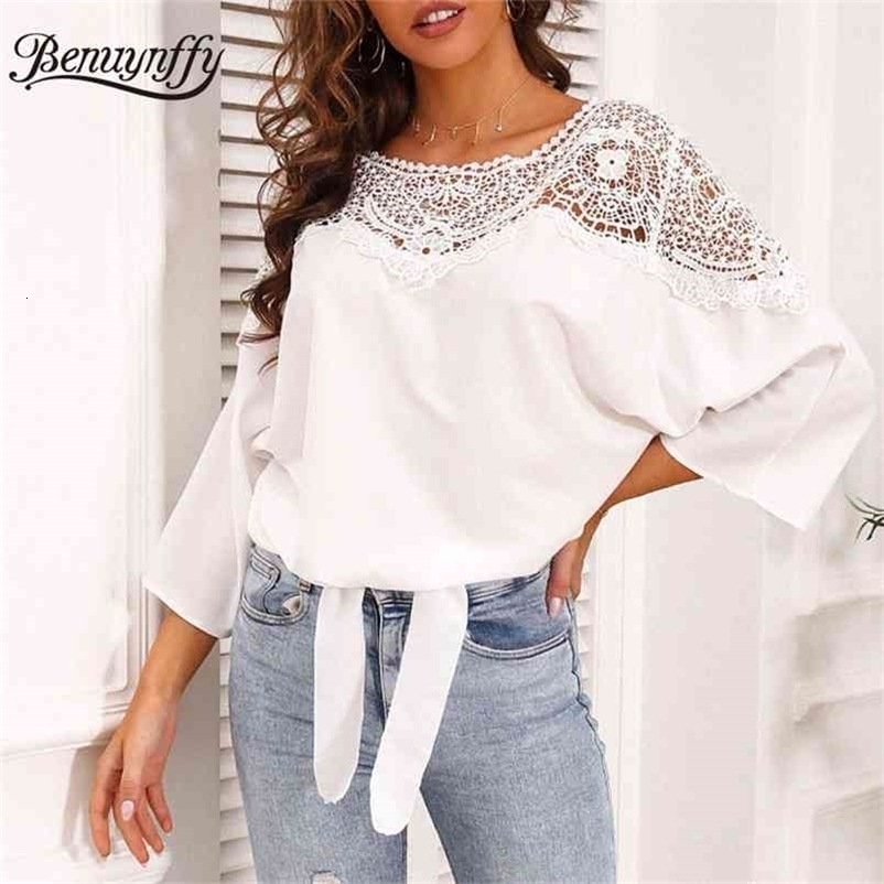 Round Neck Solid Hollow out Lace Shoulder Chiffon Blouse Summer 3/4 Sleeve Tie Hem Casual Womens Tops and Blouses 210510