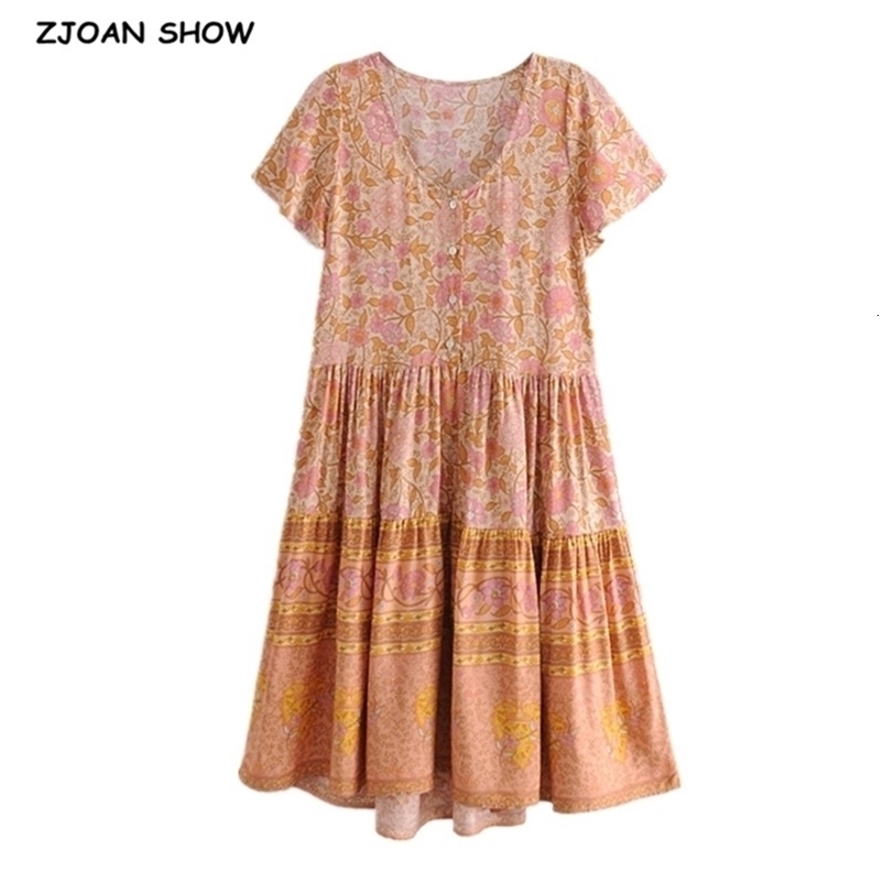 Spring Bohemia Open Buttons V neck Orange Flower Print Dress BOHO Woman Spliced Ruched Pleated Hem Holiday Dresses Beach 210429