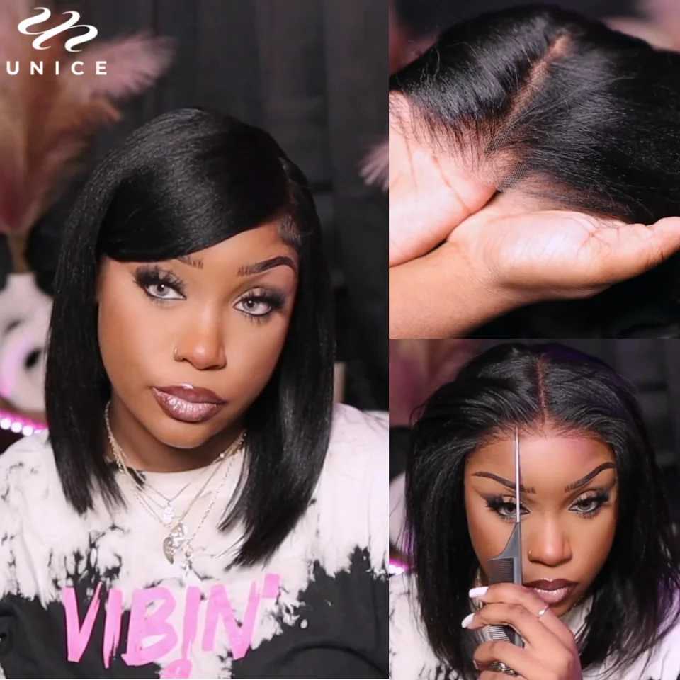 UNice Hair Light Yaki Straight Bob Wig With Elastic Drawstring 7x5 Pre Cut Pre Bleached Glueless Wigs Human Hair Ready To Wear F250923