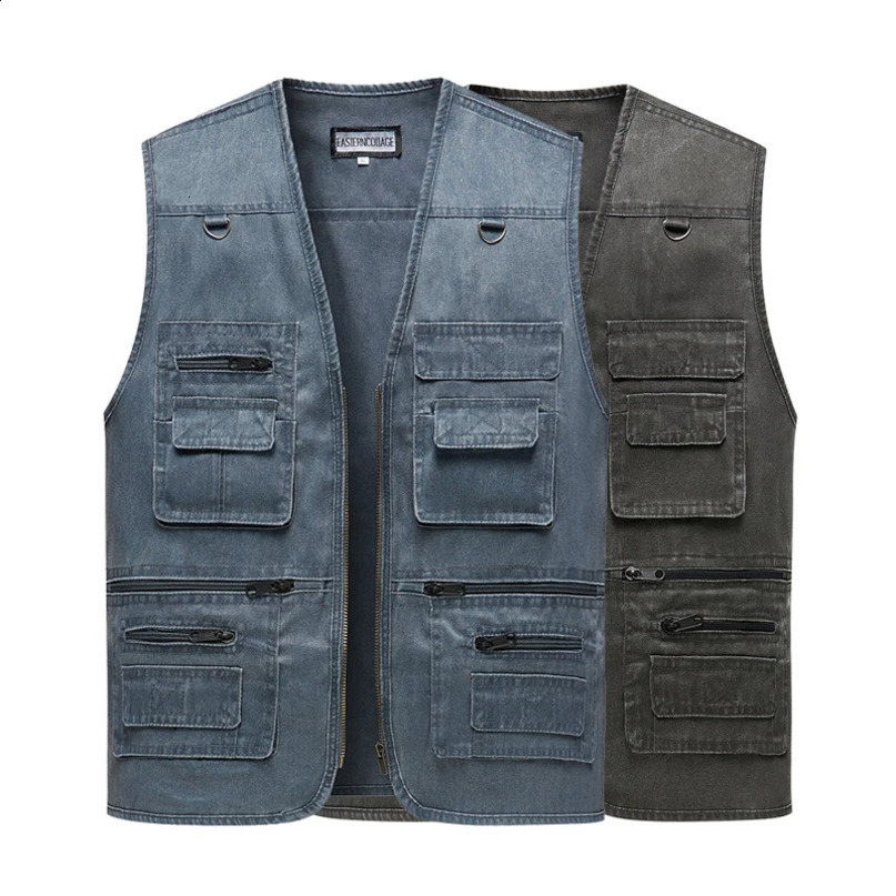 Mens Denim Vest Jacket Casual Sleeveless Waistcoat Driver Cyclist Jackets Multipocket Zipper Army Green Blue Work Cargo Vests 241021