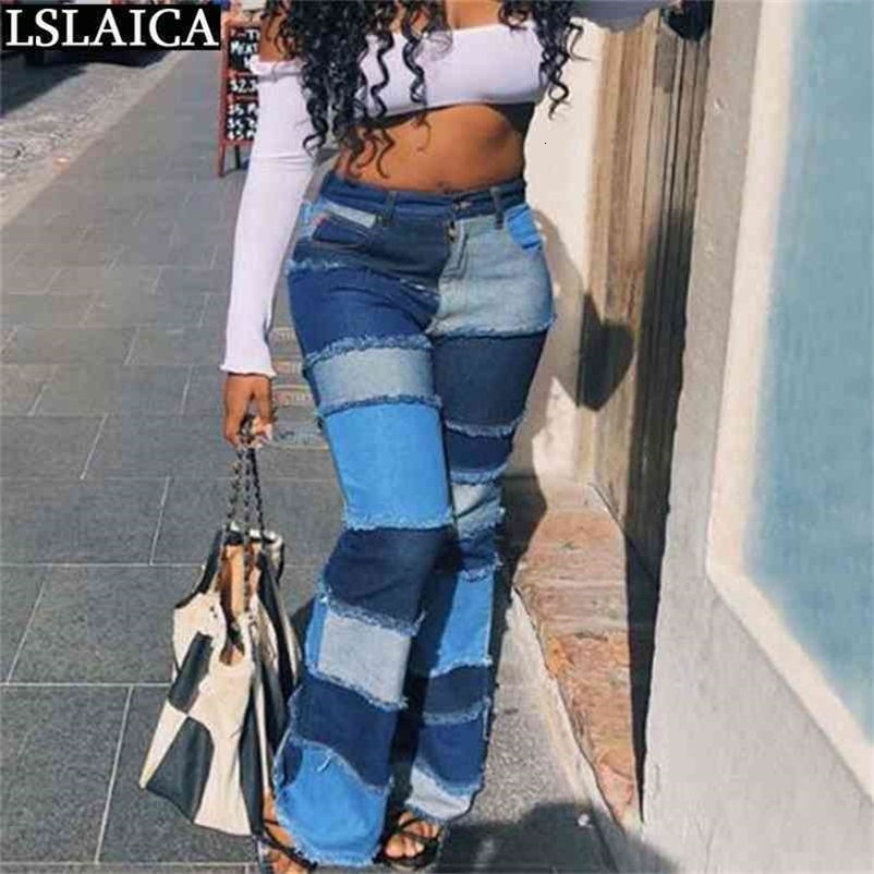 Bell Bottomed Jeans Casual Skinny Patchwork Fashion Sale Trousers Women Pocket Color Matching Pantalones Para Mujer 210515