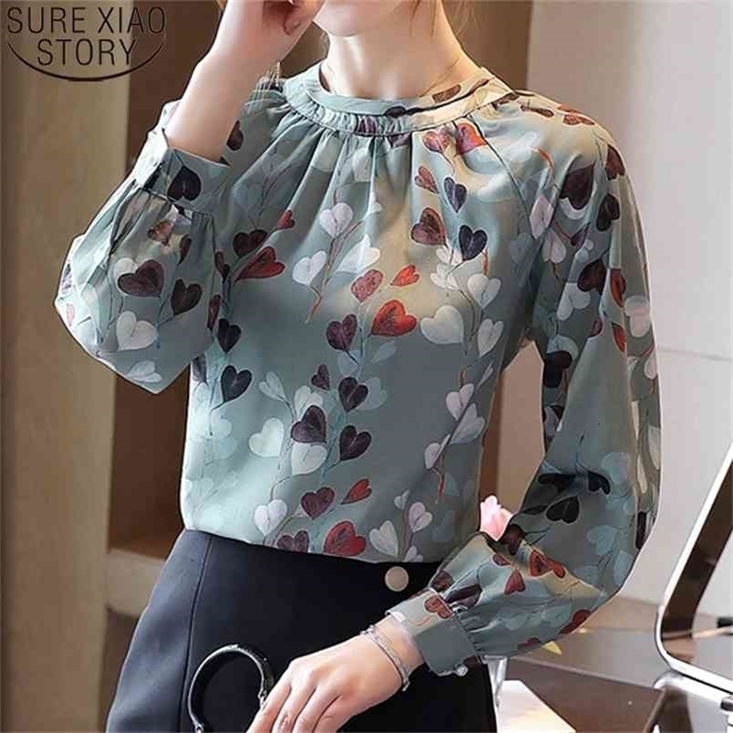 Green Silk Chiffon Blouses Women Print Shirts Casual Sweet Autumn Womens Tops and Long Sleeve Shirt Blusas 10741 210506