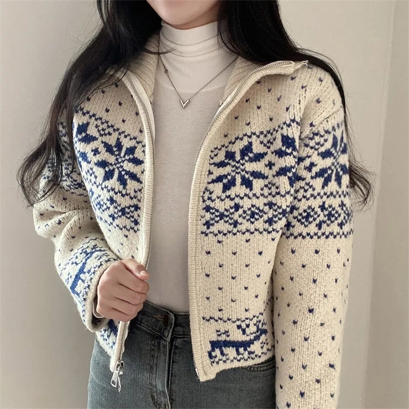 Snowflake Elk Print Christmas Sweater Cardigan Cozy Zip-up Knitted Jumper Jacket Women Teenage Girl Fall Winter Festive Outfit 250206