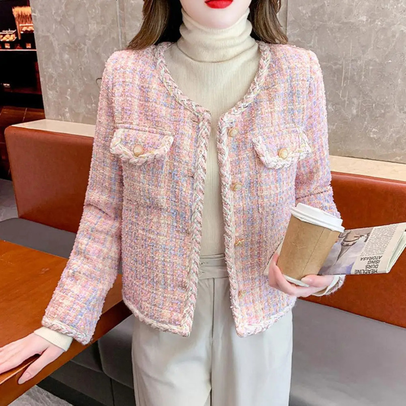 Women Fall Winter Coat Singlebreasted Thick Warm Long Sleeves Plaid Tweed Lady Spring Jacket Outwear 240307