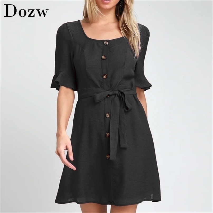 Women Summer Dress Casual Short Sleeve Elegant Bandage Bodycon Black Party Dress Buttons Mini Beach Dress Sundress Vestidos 210414