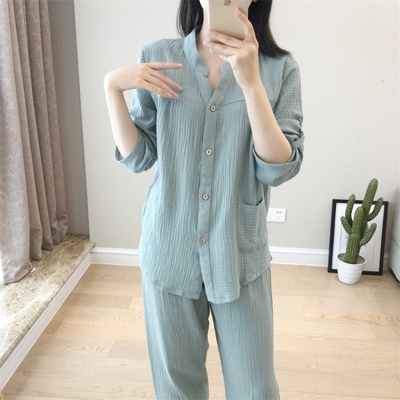 Women's Sleepwear Spring / Autumn Women's Pajamas Loose Long Sleeve Trouser Suits Thin Cotton Crepe Home Clothes Solid Sleepwear 2 Piece Set