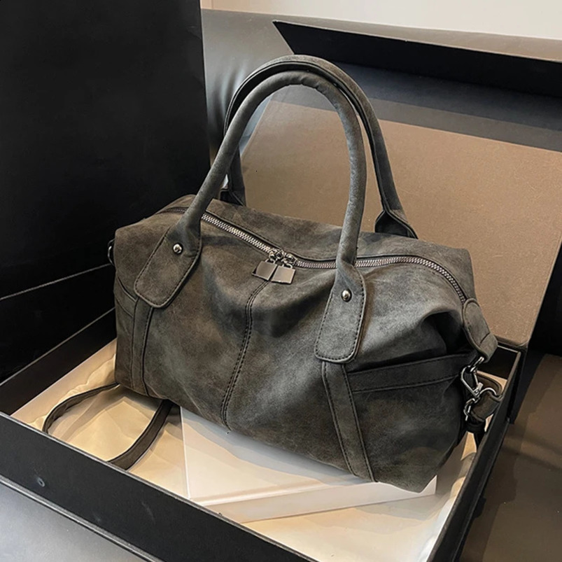 Khaki womens large capacity PU leather retro horizontal bag commuting shoulder 240903