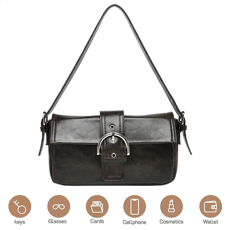 Shoulder Bag for Women Adjustable Strap Vintage Handbag Y2k Clutch Purse Leather with Buckle Satchel Commuting Travel 240729