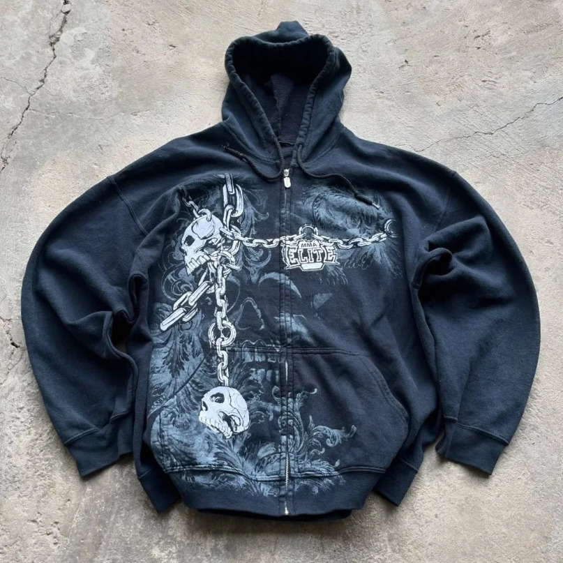 Y2K American Fashion Oversized Skull Print Hooded Sweater Women Harajuku Vintage Hip Hop Casual Joker Sweatshirt Top 250213