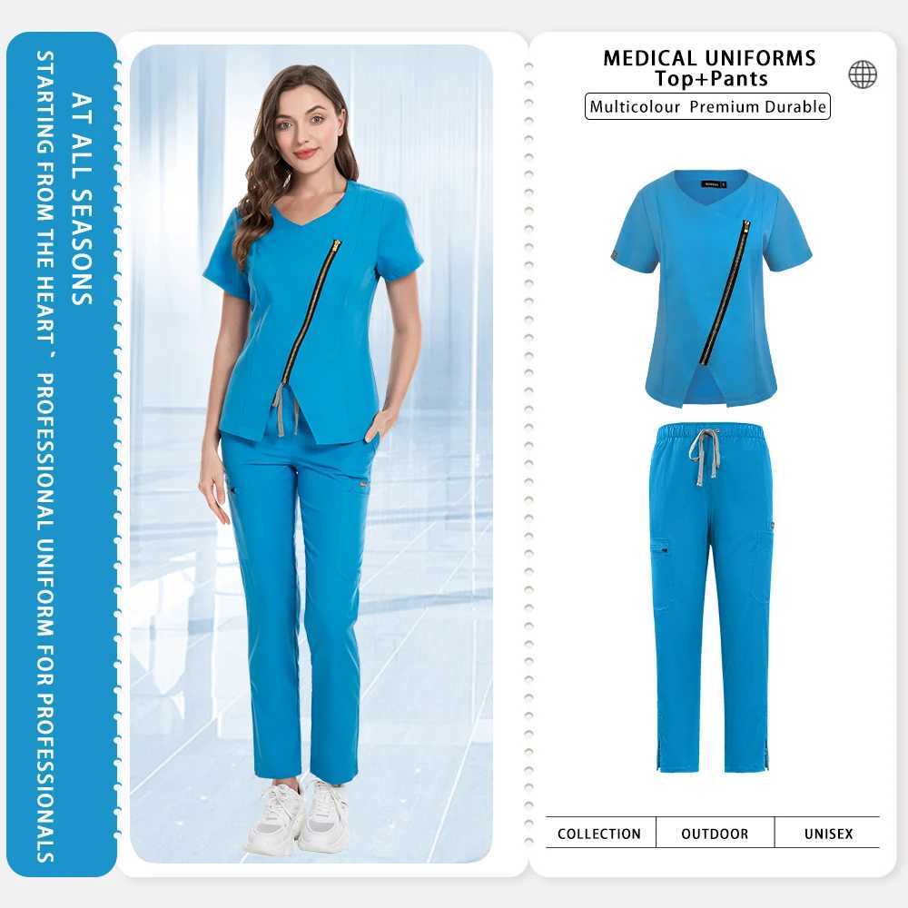 Medical Apparel Scrubs Uniforms Women Short Sleeve Clinical Workwear Surgical Uniforms Hospital Clothing with Pockets L250922