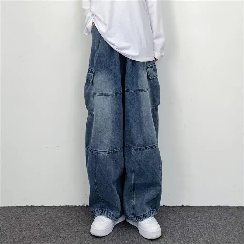 hip-hop casual wide leg cargo pants straight leg loose fit suitable for mens large pocket jeans 250423