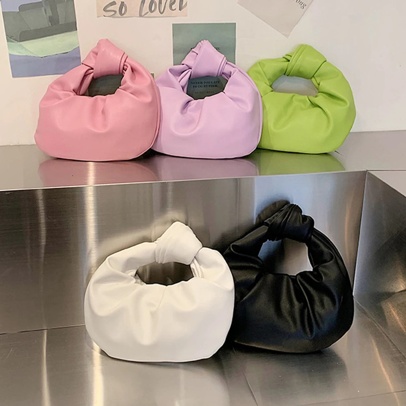 Women Small Knotted Handbags Solid Color PU Leather Knot Top Handle Bag Simple Cloud Wrist for Party Vacation 240802
