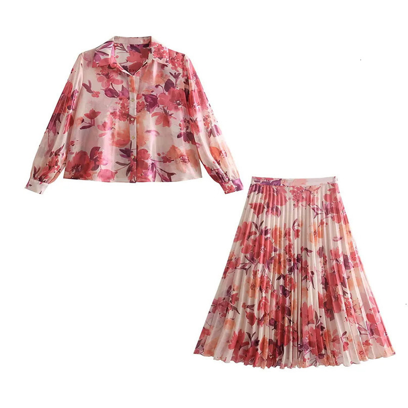 TRAF Spring Summer Women Floral Print Blouse Skirt Sets Fashion Casual Single Breasted Tops ALine Pleated Skirts Suits 240423