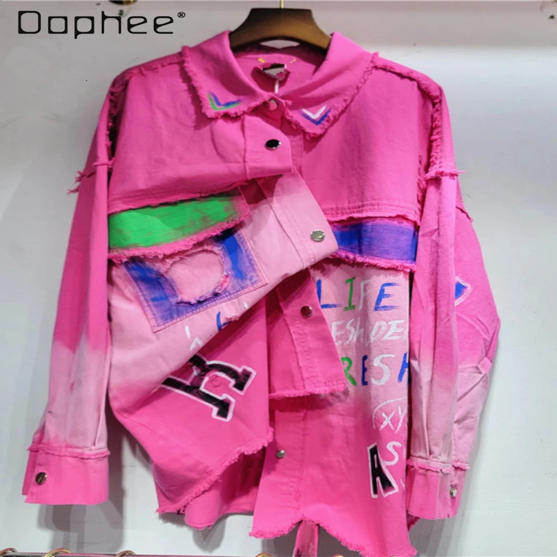 Spring Autumn Long Sleeve Denim Jacket Shirt Women Washed Worn Printed Casual Fashion Loose Street Style 240423