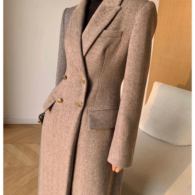 Women's Wool Blends Coffee Colored Suit Woolen Autumn and Winter Retro High-end Temperament Waist Length Woolen Coat Women Winter Jacket 231110