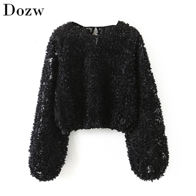 Fashion Black Lace Blouse Women Lantern Long Sleeve Stylish Shirts Ladies O Neck Casual Loose Blouses Blusas Mujer 210414