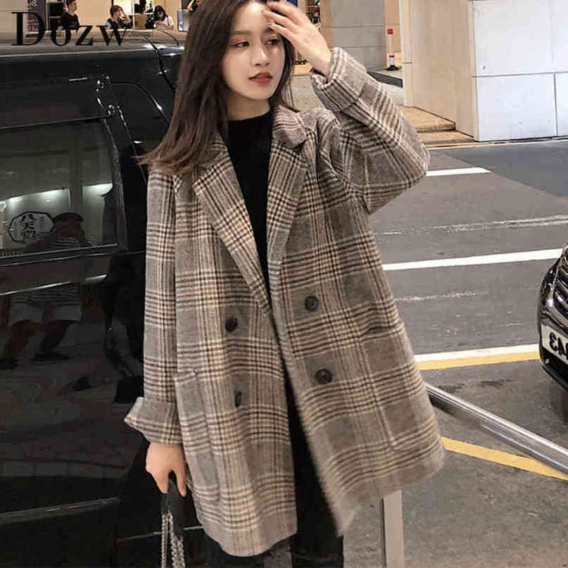 Plaid Thick Winter Coat Women Wool Blend Office Coats Fashion Double Breasted Warm Lady Jacket Long Sleeve Outwear Coat 210414