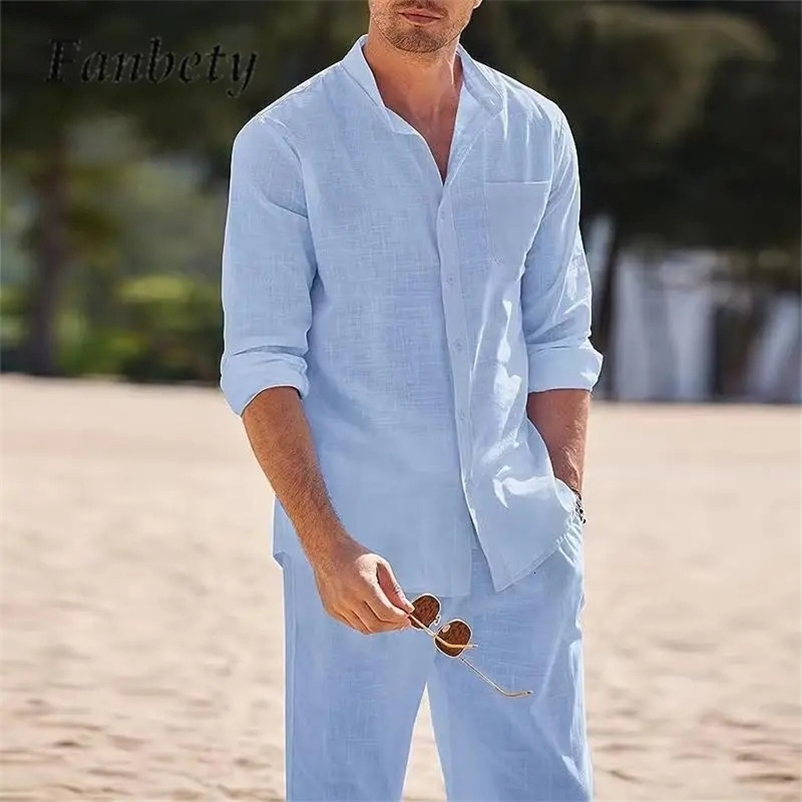 Casual Cotton Linen Men Two Piece Set Autumn Solid Color Long Sleeve Shirt And Long Pant Set Holiday Beach Loose Mens Outfits 240530