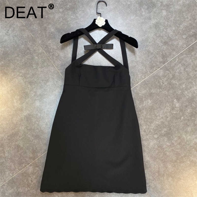 DEAT Spring Arrivals Black Cross Bow Waist Dark Little Women Temperament Loose Fashion A-line Dress MZ786 210709