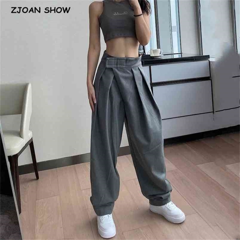High Waist Woolen Loose Wide Hip Hop Pants Cool Girl Pleated Ruched Sports Trousers Women Joggers Streetwear Leisure 210429
