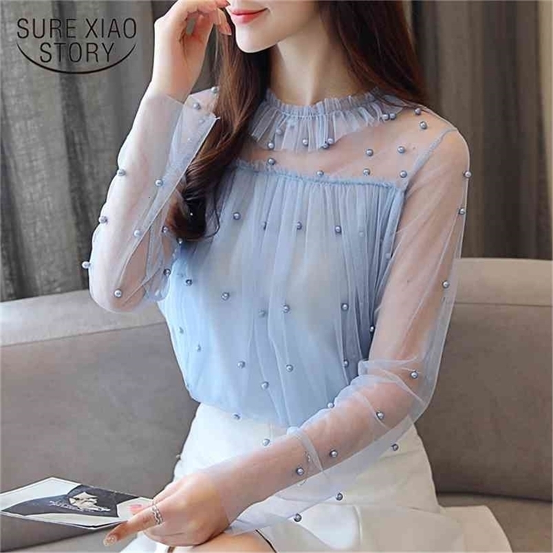 Lace Sexy Women Blouses Shirts Autumn Long Sleeve Blouse Bead Fashion Chiffon Elegant Tops Sweet Female Blusas 0863 30 210506