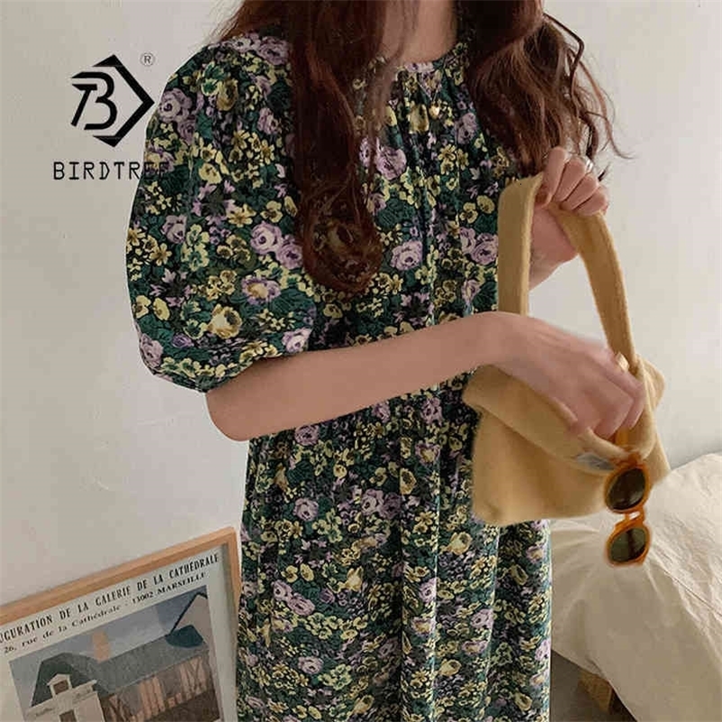Spring Women's Vintage Korean Style Floral Long Dress O Neck Half Puff Sleeve Loose Casual Elegant Mid-Length Dresses D13104X 210416