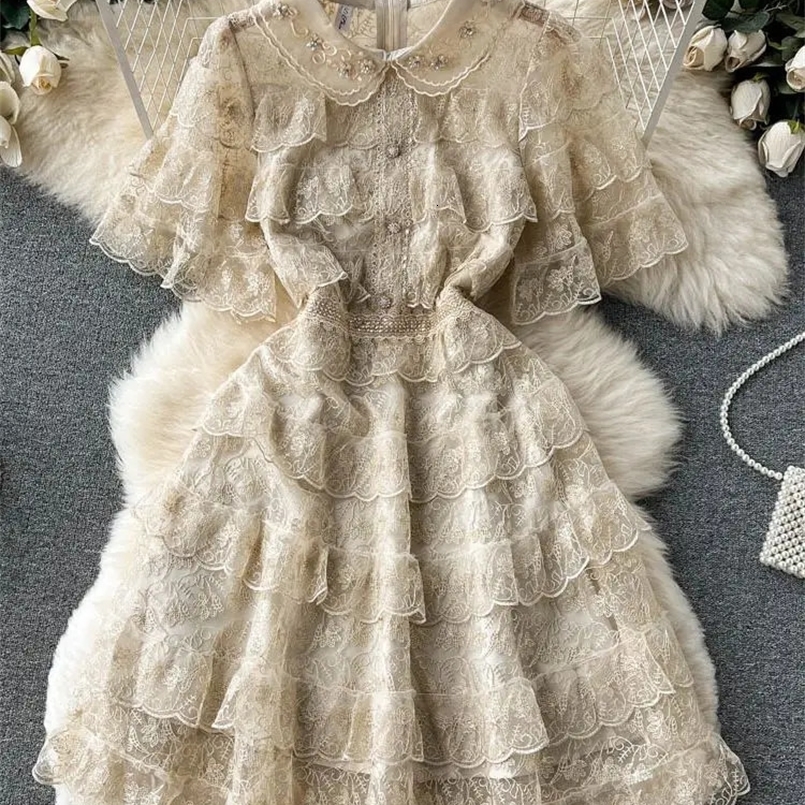 Summer Pink Lace Embroidery Mini Dress Female Short Sleeve High Waist Ruffles Elegant Runway Cascading Vestidos N6922 240819