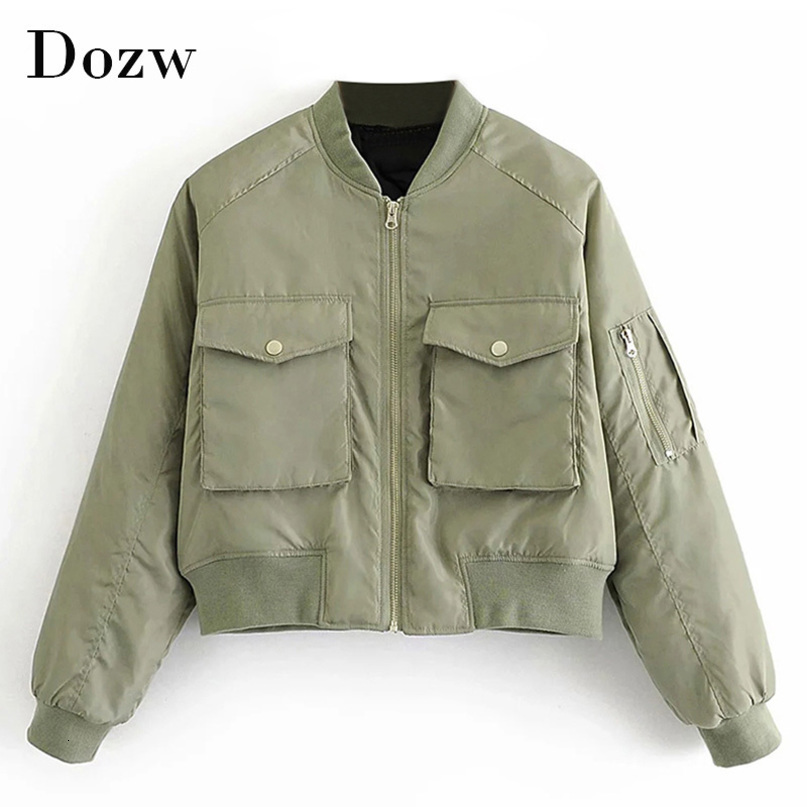 Fashion Padded Bomber Jacket Women Streetwear Long Sleeve Zipper Warm Coat Autumn Winter Casual Pockets Outerwear 210414