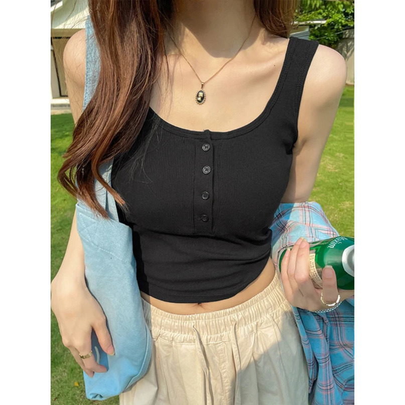 Womens solid round neck buckle vest womens summer basic elastic Oneck 250407