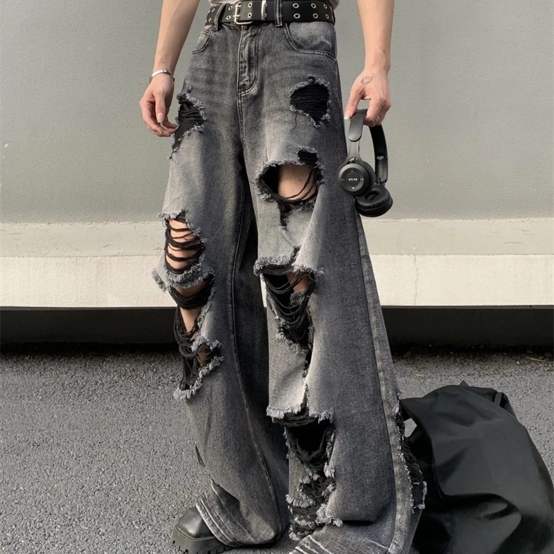 Y2K Retro Jeans Harajuku Hip Hop Ripped High Street Loose Jeans for Mens and Womens Street Wear High Waist Wide Leg Trousers 240828