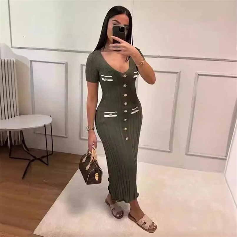 Office ladies elegant knitted long skirt summer short sleeved V-neck single chest tight dress womens party fashion vest 241125