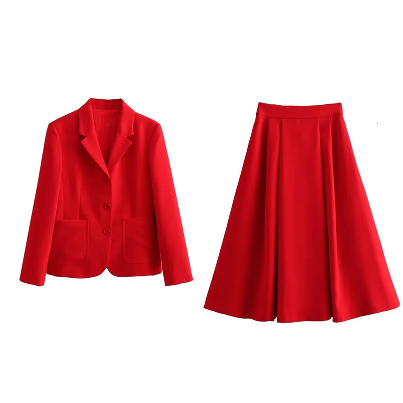 Taop Za temperament versatile red tight suit jacketAline long pleated skirt half womens set 240423