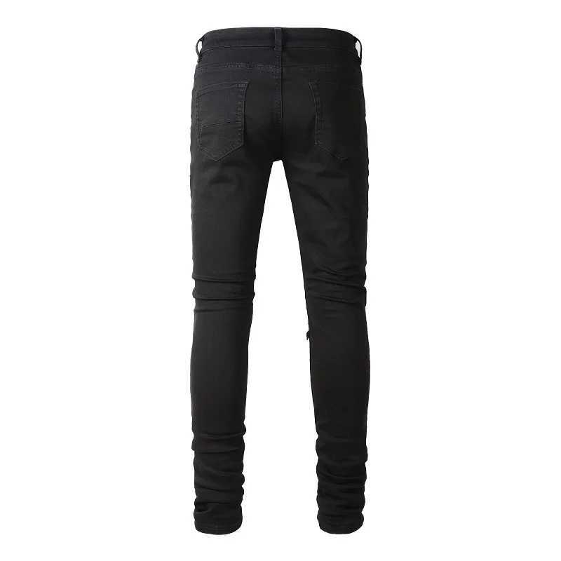 Men Leather Patch Biker Jeans for Motorcycle Strtwear Holes Ripped Patchwork Stretch Denim Pants Black Skinny Tapered Trousers X250924