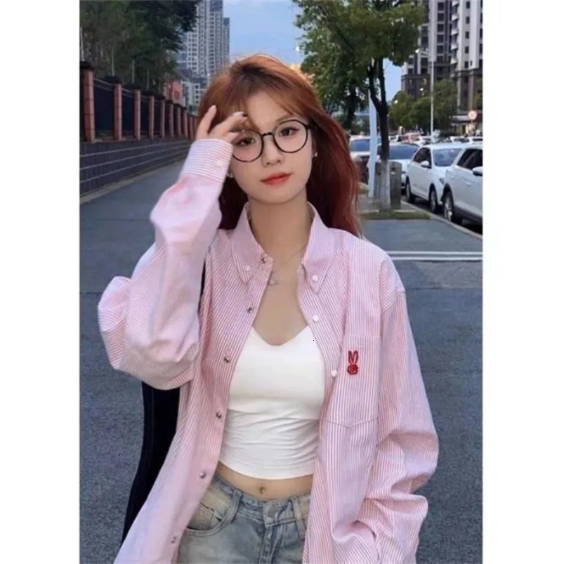 Korean Embroidered Sweet Solid Color Striped Polo Neck Long Sleeve Shirt for Womens Spring Simple Office Womens Full Match Top 250318