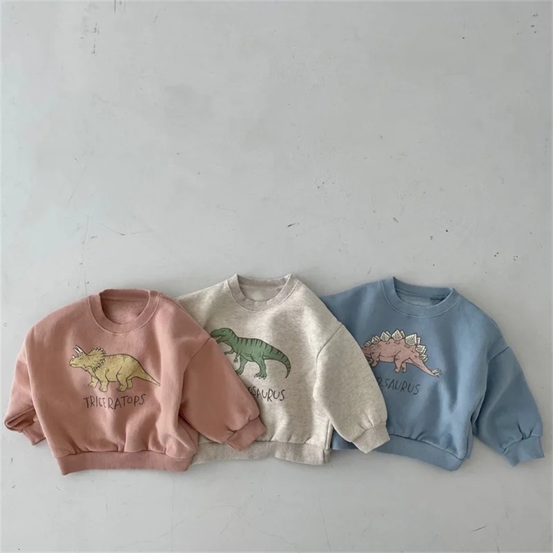 Autumn Kids Baby Boys Girls Hoodies Cool Dinosaur Plus Fleece Children Pullover Comfortable Sweatshirt 250221