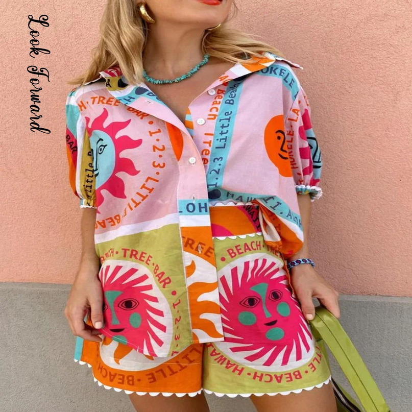 Summer Printed Colorful Shirts Shorts Set Women Short Sleeve Lapel Singlebreasted 2 Piece Suit Female Lady Holiday Outfits 240423