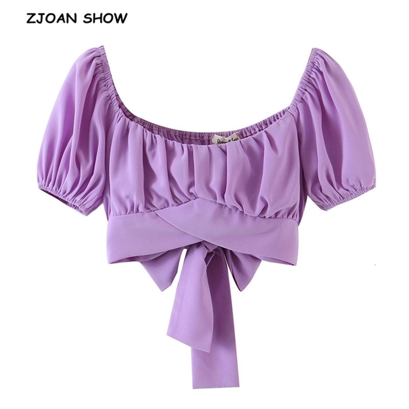 Chic Lantern Short Sleeve Bandage Tie Bow Cropped Shirt Women French style Ladies Dropped Crop Top Sexy blouses 210429
