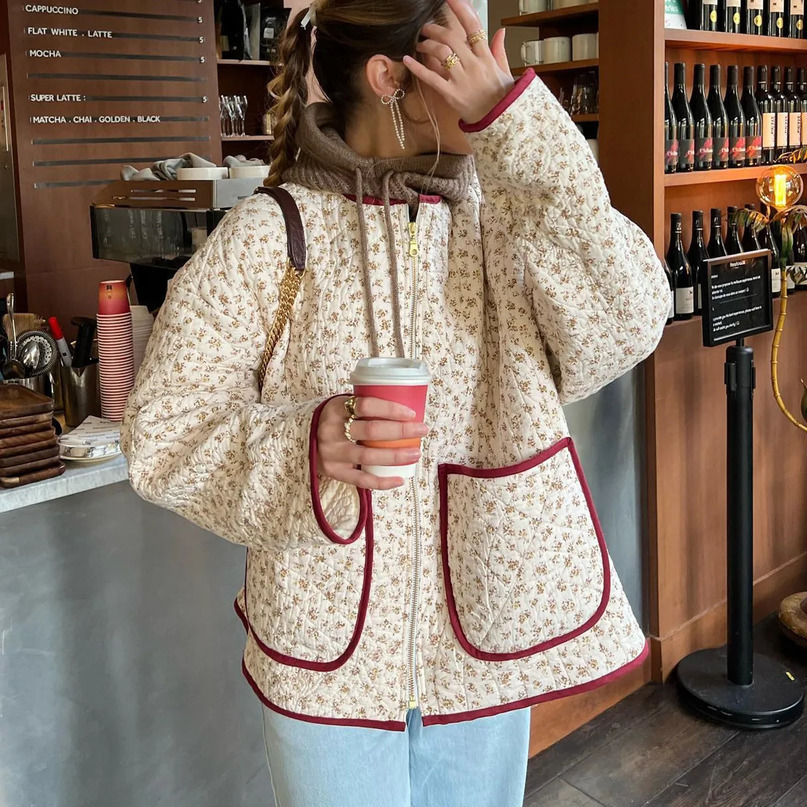 Womens autumn aesthetic floral print stand collar colorful pocket bedding jacket womens warm fashionable top 240808