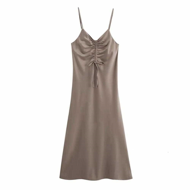 Women Dress Camisole Gathered V-neck Midi Dress Satin Thin Strap elegant Femme Robe Ropa Mujer Vestidos 210709