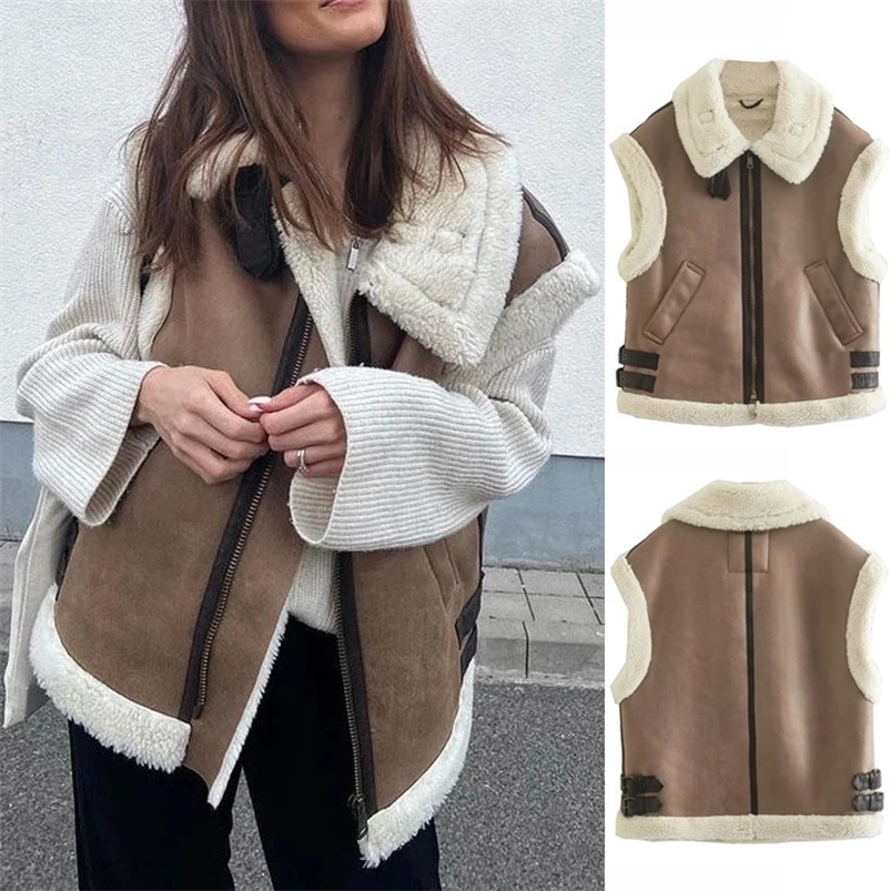 Womens Fashion Splicing Work Sleeveless Tank Top Coat Loose Thick Collar Suede Leather Jacket Coat Autumn Winter Fashion Top Coat 241126