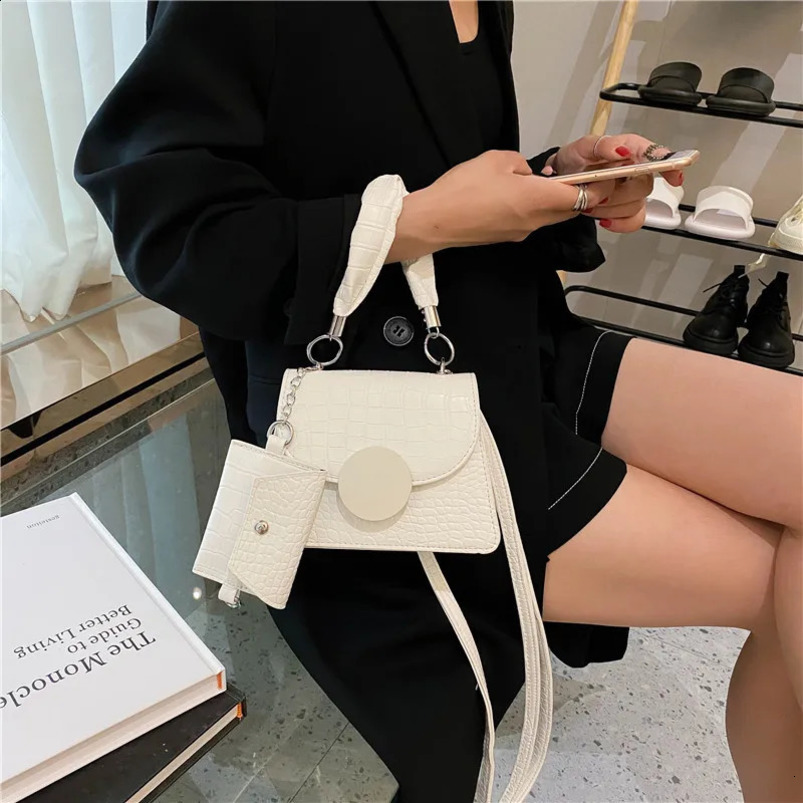 Fashionable Ladies Leather Top Handle Bags Alligator Crossbody Bag with Coin Purse White Shoulder for Women Summer Travel 240802