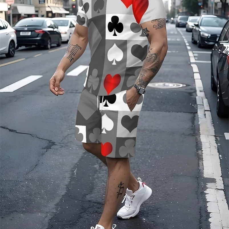 Mens Poker Card Symbol Printed Casual Clothing - Lightweight Polyester T-shirt and Shorts Set Crew Neck Opaque Knitted Fabric 250423