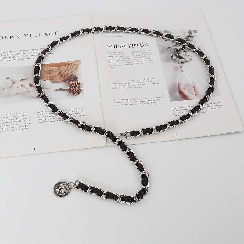 French Style Chain Women, Fashionable Leather Patchwork Metal Belt Accessory Dresses, Waist Cincher for Women