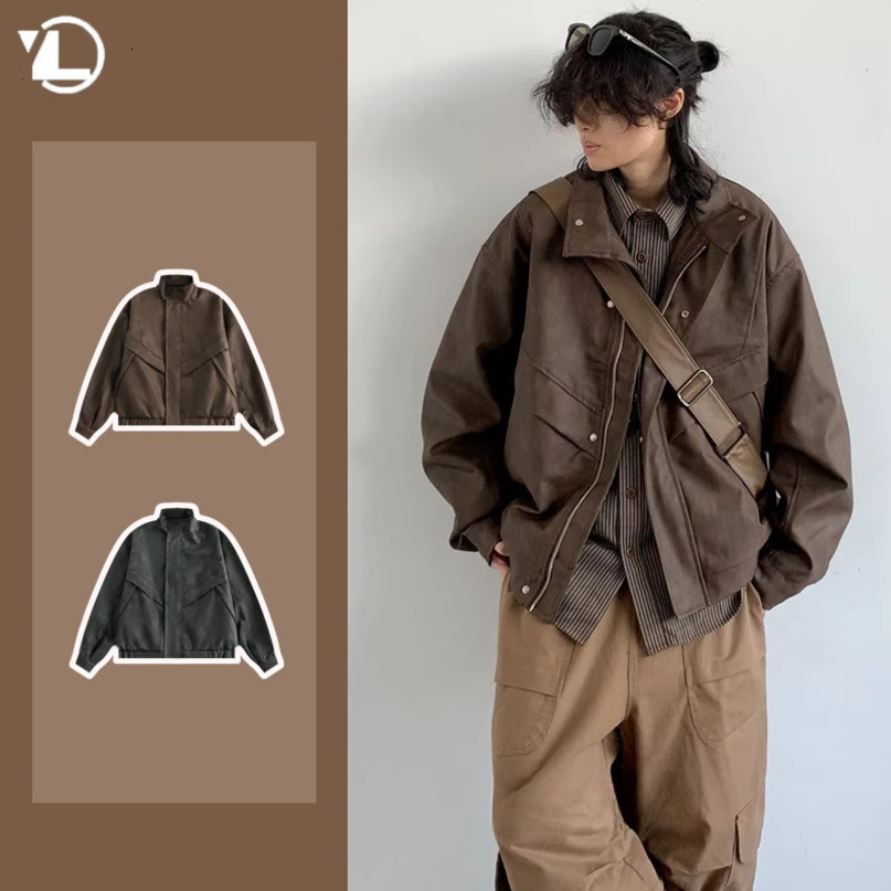 Retro motorcycle leather jacket mens stand up collar American fashion pilot jacket zipper loose profile short bomber jacket 241031