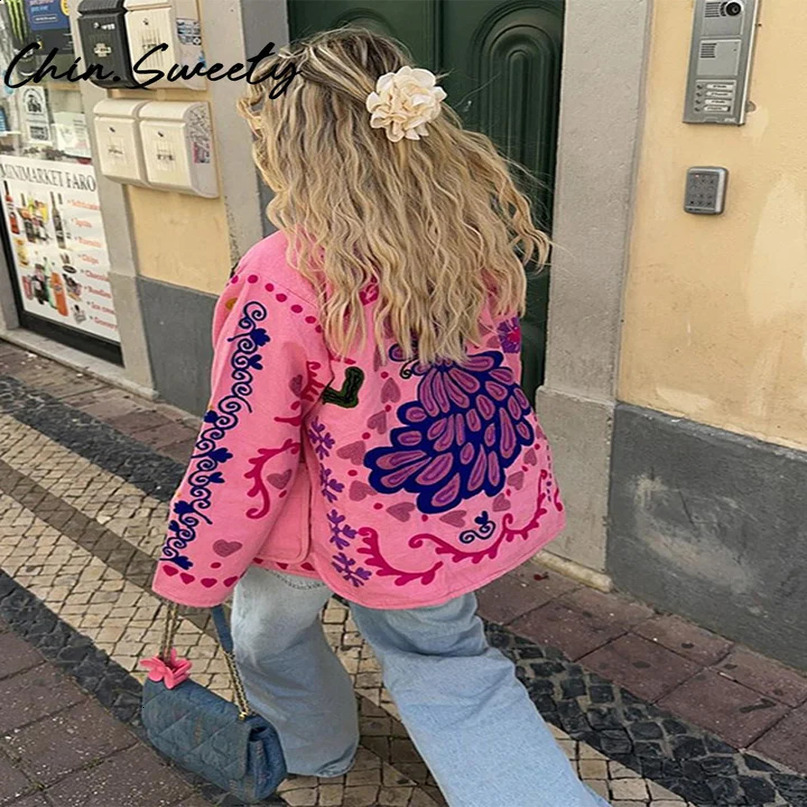 Fashion printed jacket womens casual single chest Vneck long sleeved pocket autumn elegant 240808