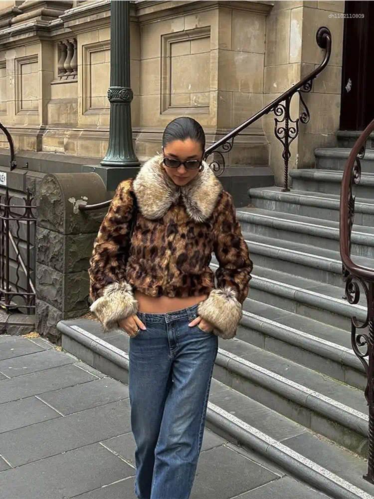 Women's Down 2025 Winter Animal Leopard Print Faux Fur Jacket For Women Luxury Y2K Long Sleeve Warmth Coats Lady High Street Chic Outerwear