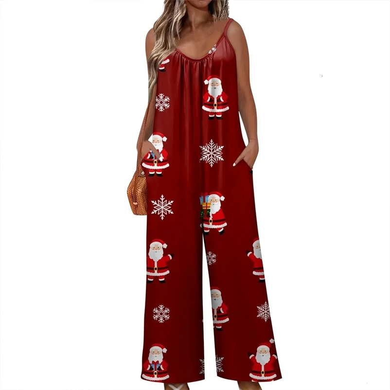 Women's Jumpsuits Rompers S-3xl Sleeveless Jumpsuit For Women Christmas Printed Loose Versatile Sling Rompers Wide Leg Adjustable Suspender Jumps